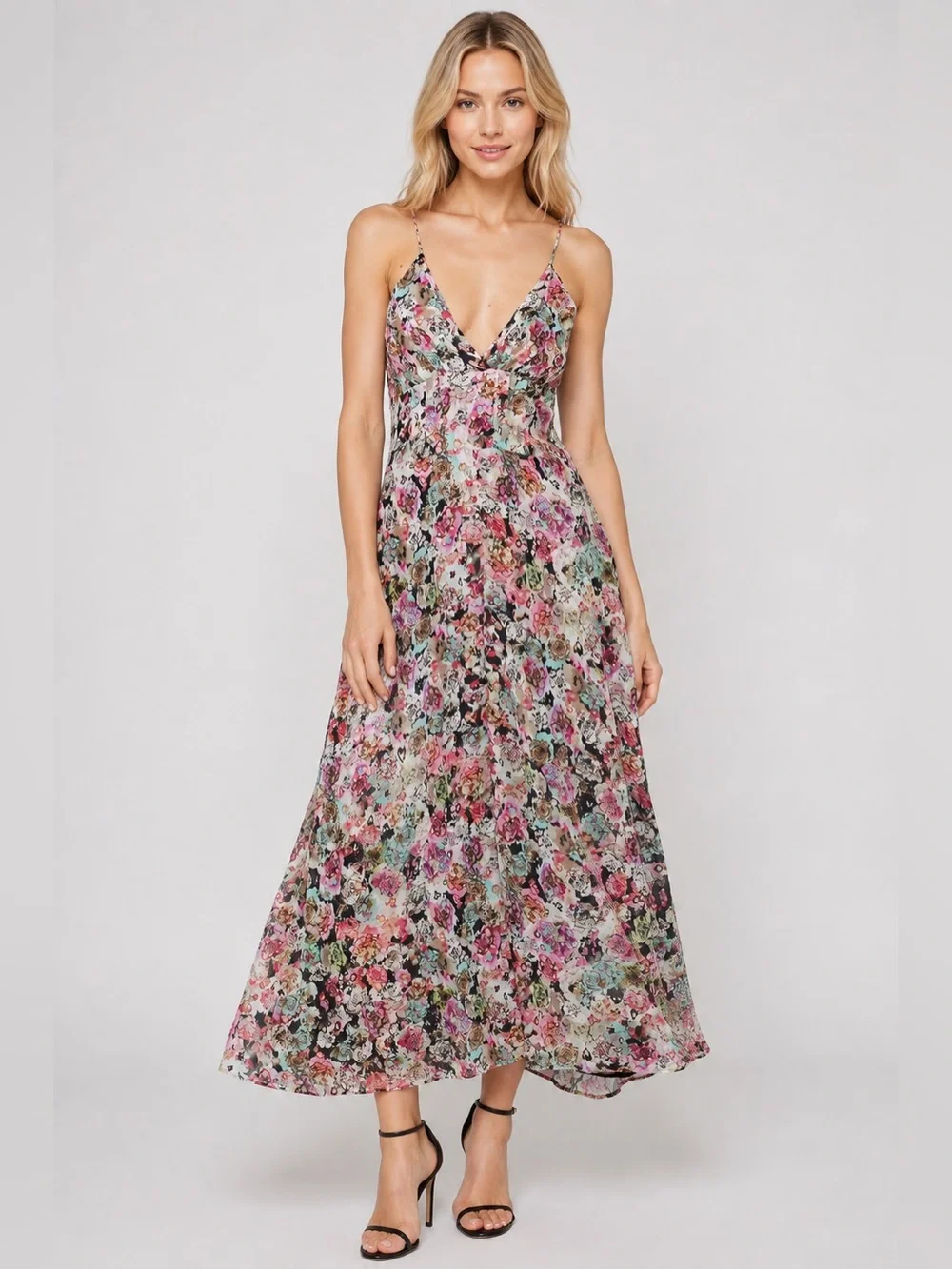 IRO Paris Floral Silk-Look Maxi Dress Size 38 Spaghetti Strap V Neck 25953